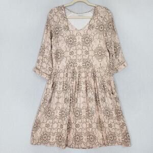 Garnet Hill Dress 10 Tan Floral Prairie 3/4 Sleeve A Line Babydoll Pleated